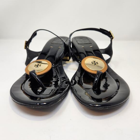 Tory Burch Black Patent Leather T Strap Thong Heel Sandal Women Size 10.5 M Shoe - Picture 4 of 10